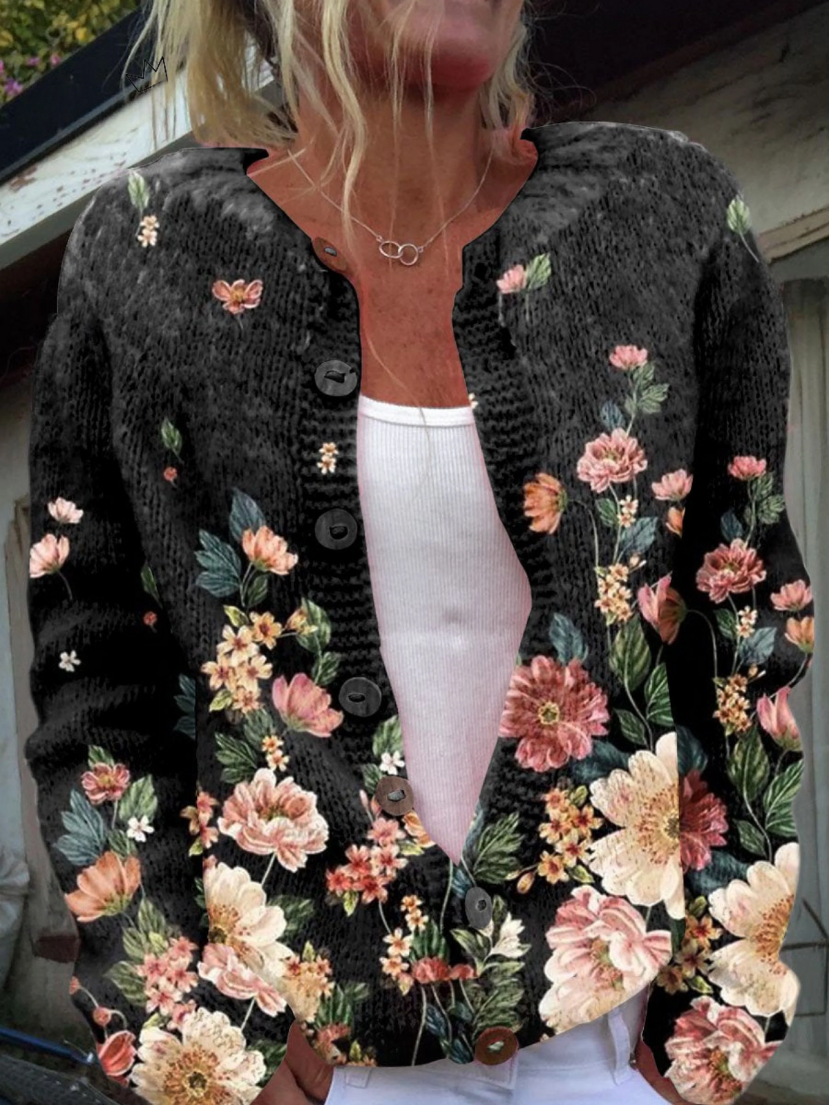 Nerina | Cardigan Botanico Fondo Nero