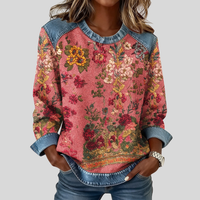 Agostina | Felpa Floreale con Inserti in Denim