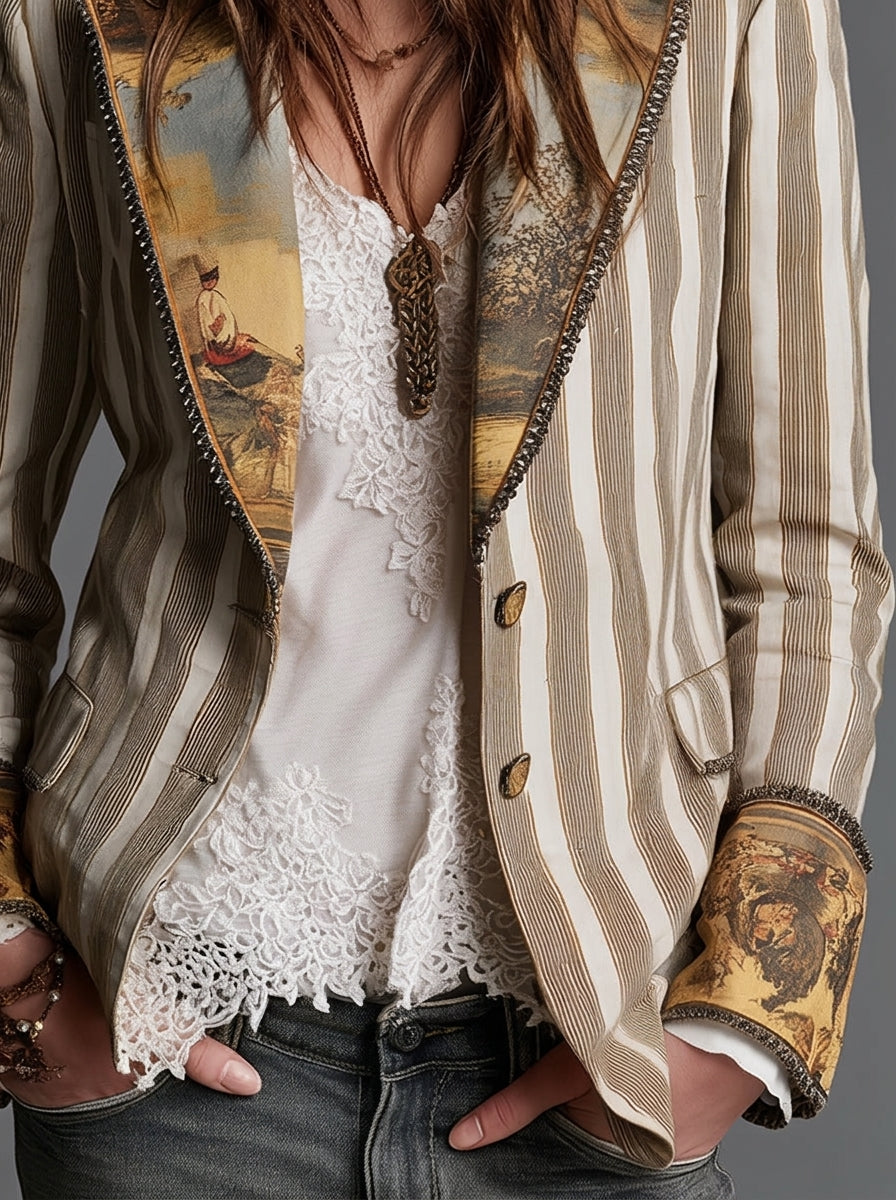 Lia | Blazer a Righe con Collo Fantasia