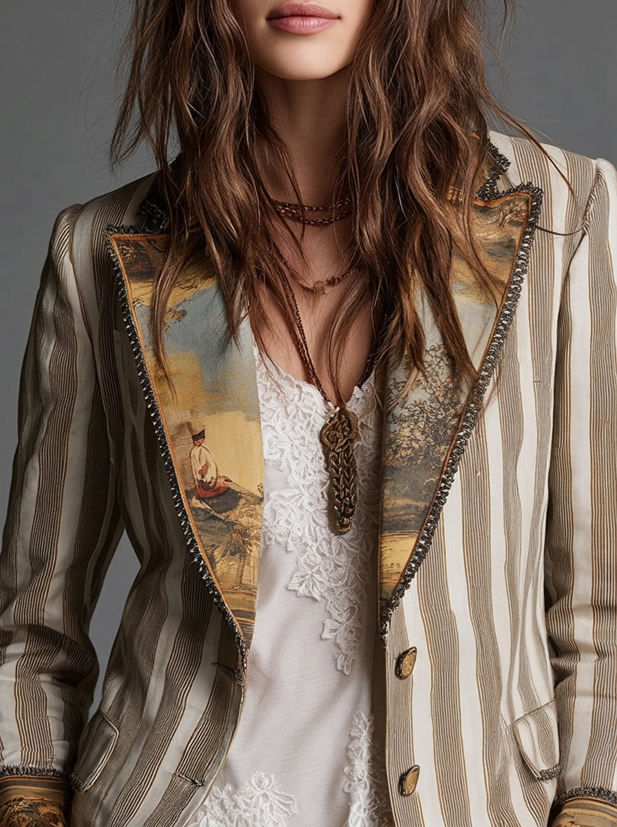 Lia | Blazer a Righe con Collo Fantasia