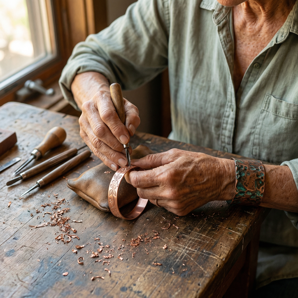 Bracciale in Rame Inciso a Fiori
