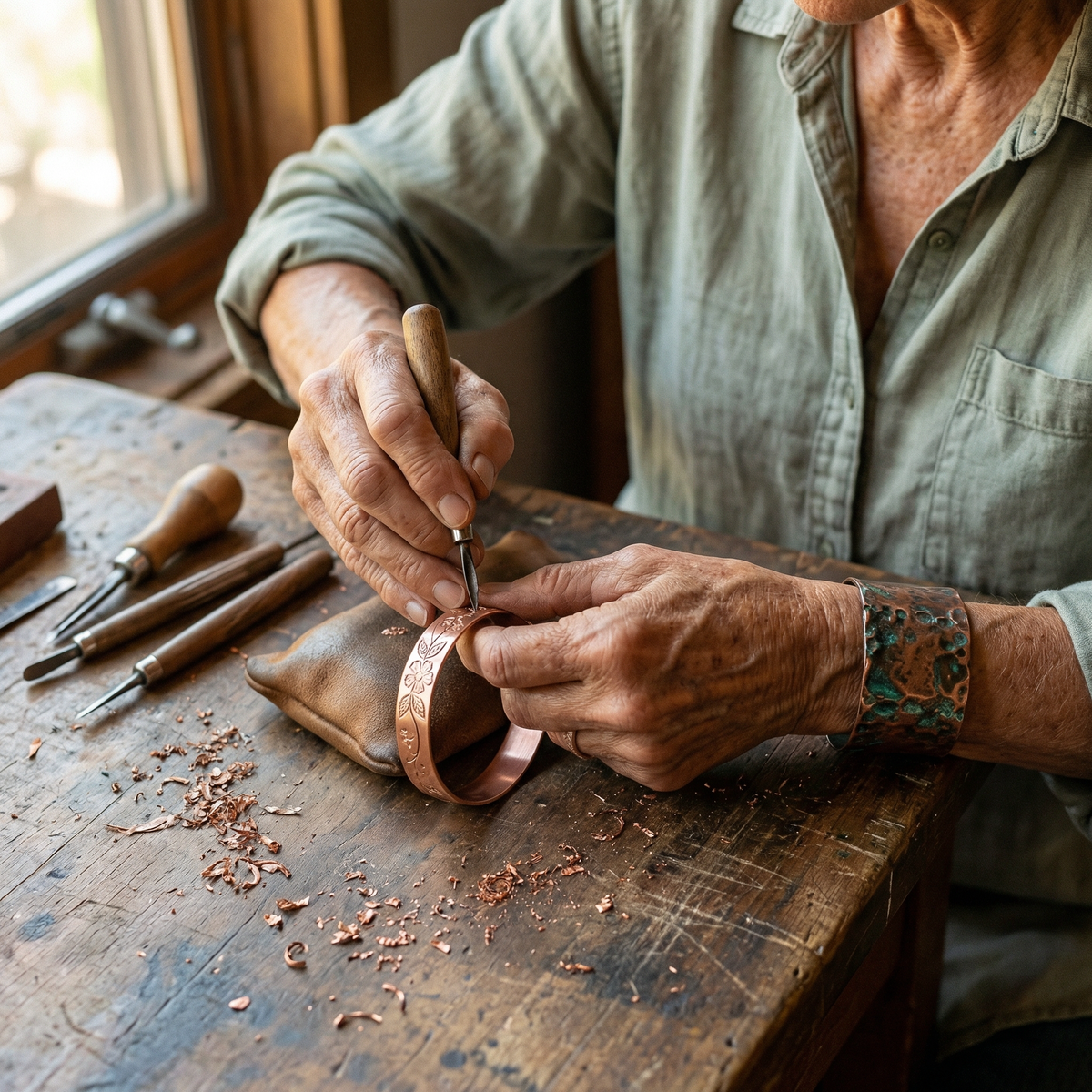 Bracciale in Rame Inciso a Fiori
