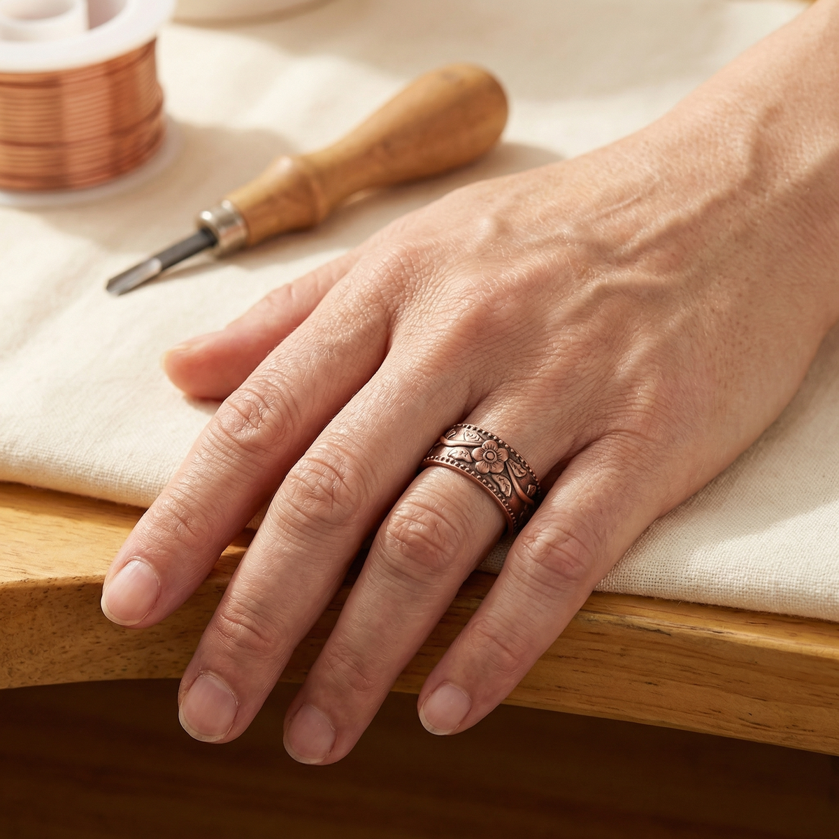 Anello in Rame a Fiori con Bordo Perlato