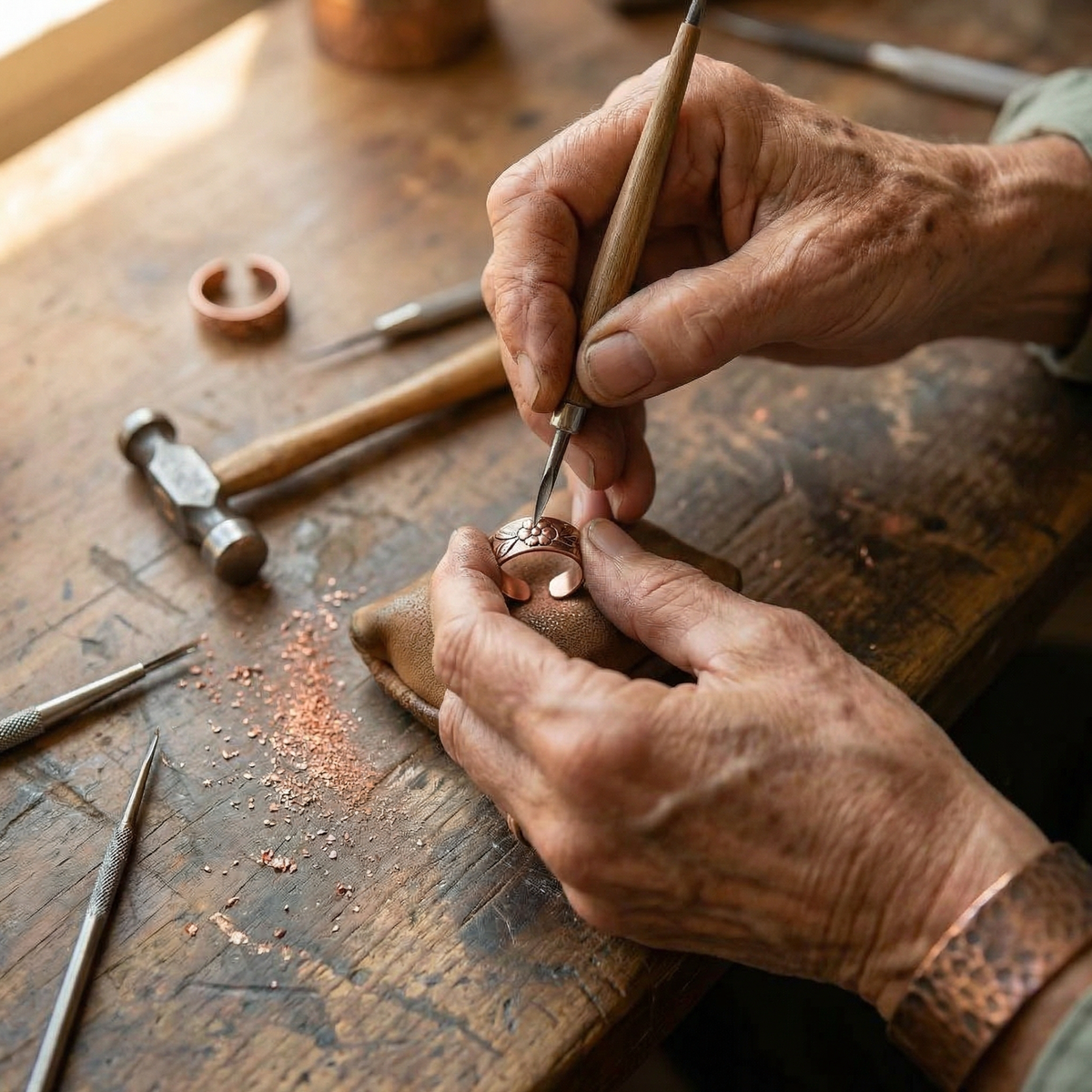 Anello in Rame a Fiori con Bordo Perlato