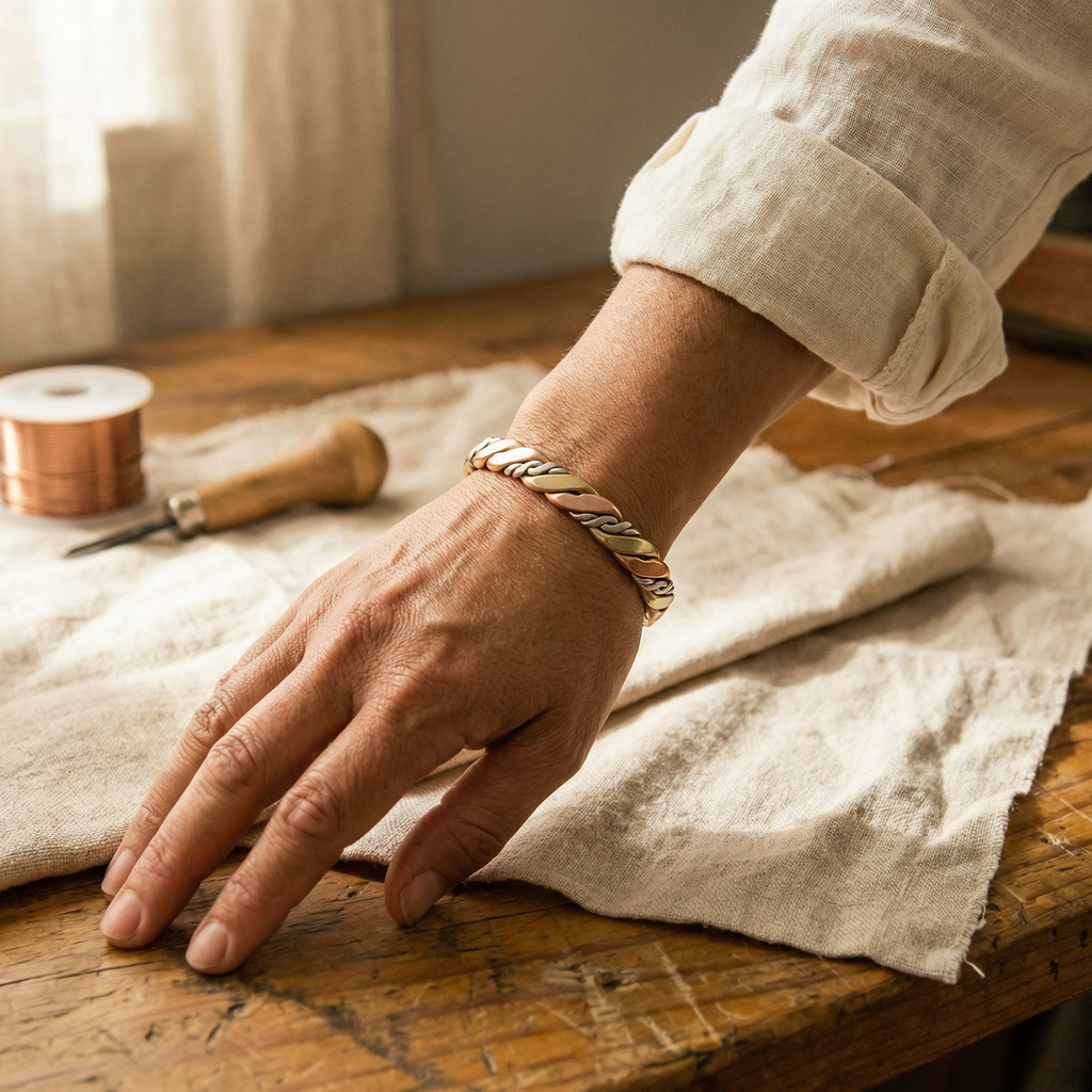Bracciale in Rame Intrecciato Tre Toni