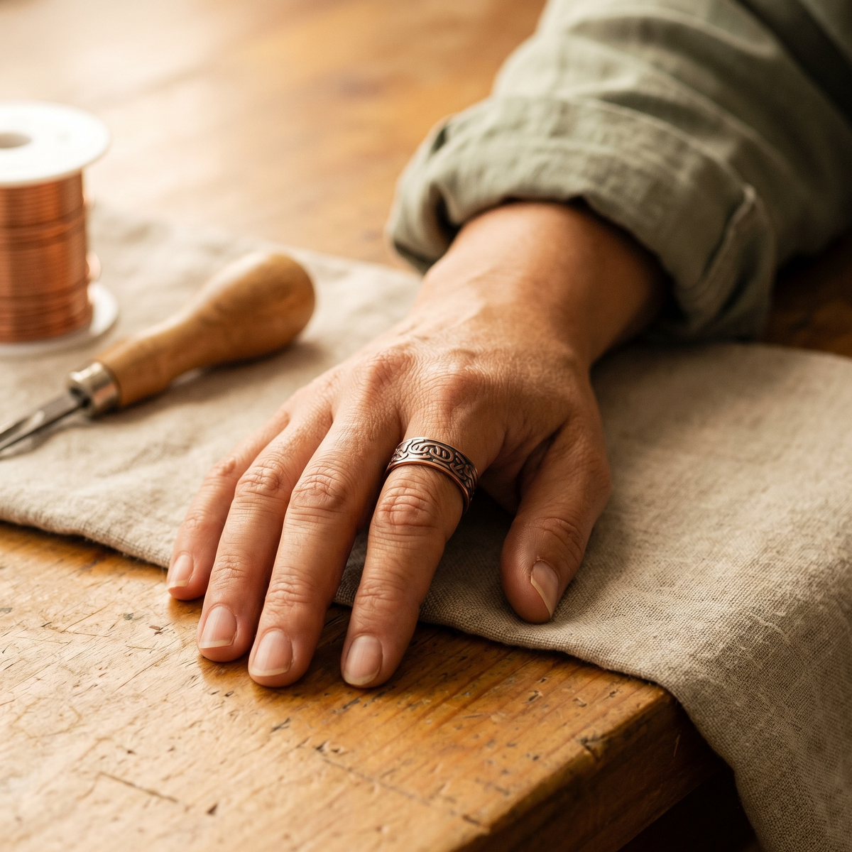 Anello in Rame Inciso a Volute con Magneti