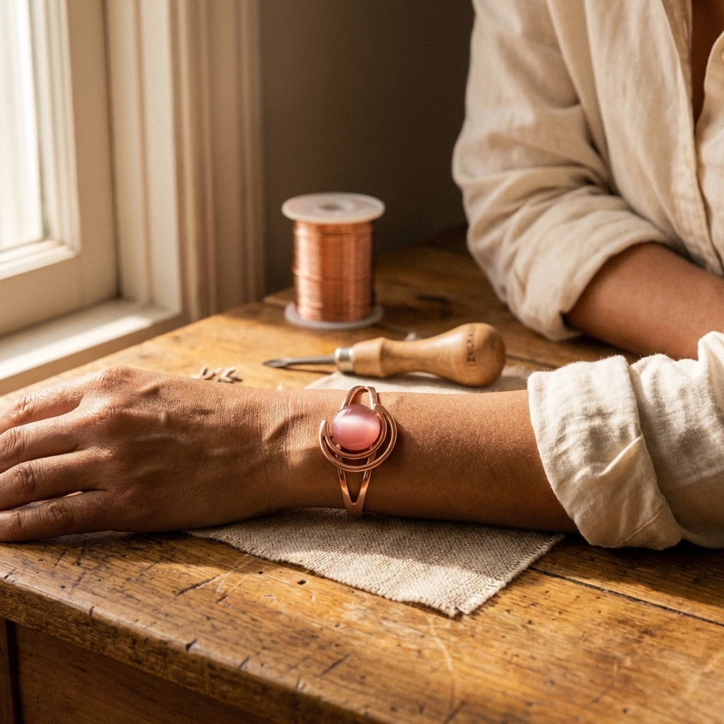 Bracciale in Rame con Pietra Rosa Centrale