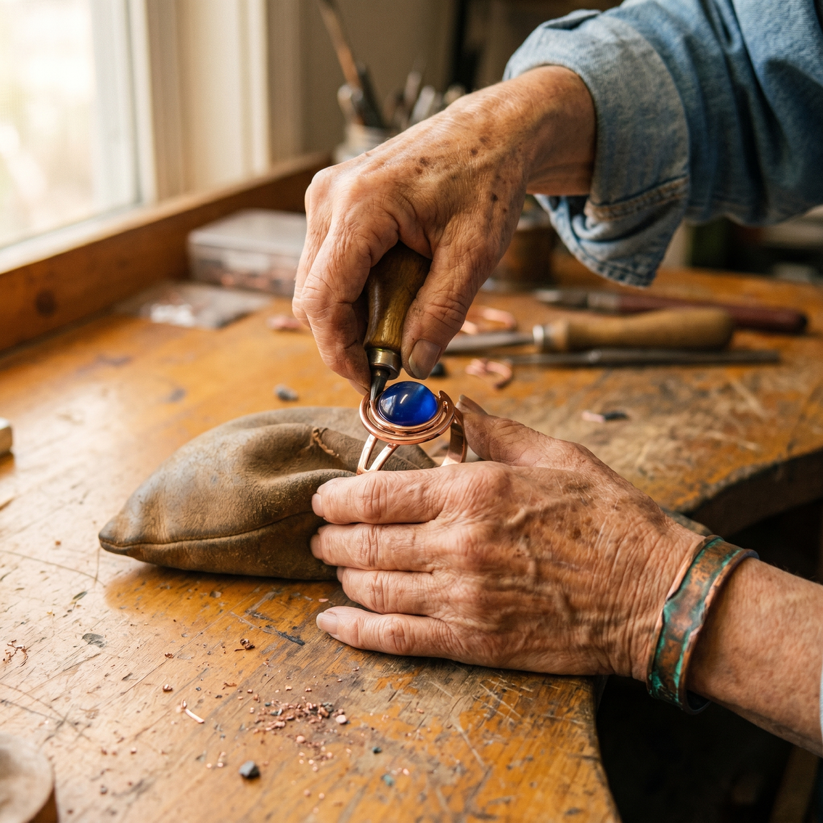 Bracciale in Rame con Pietre Grigio Azzurre