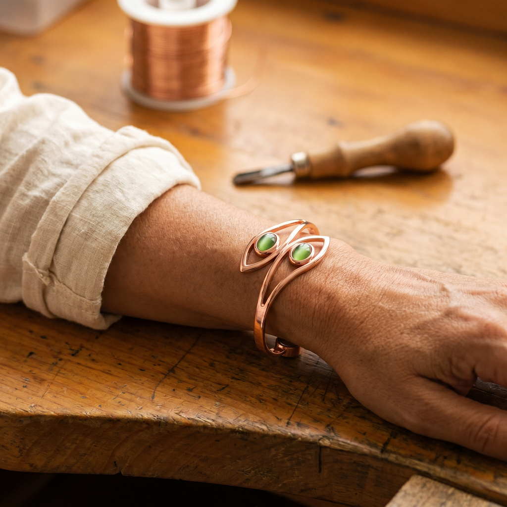 Bracciale in Rame con Pietre Verdi
