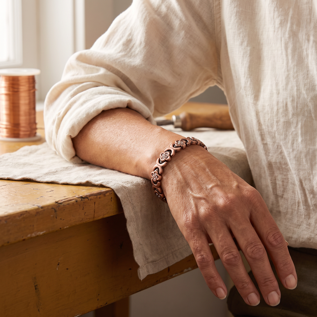 Bracciale in Rame a Maglie Quadrifoglio con Pietre