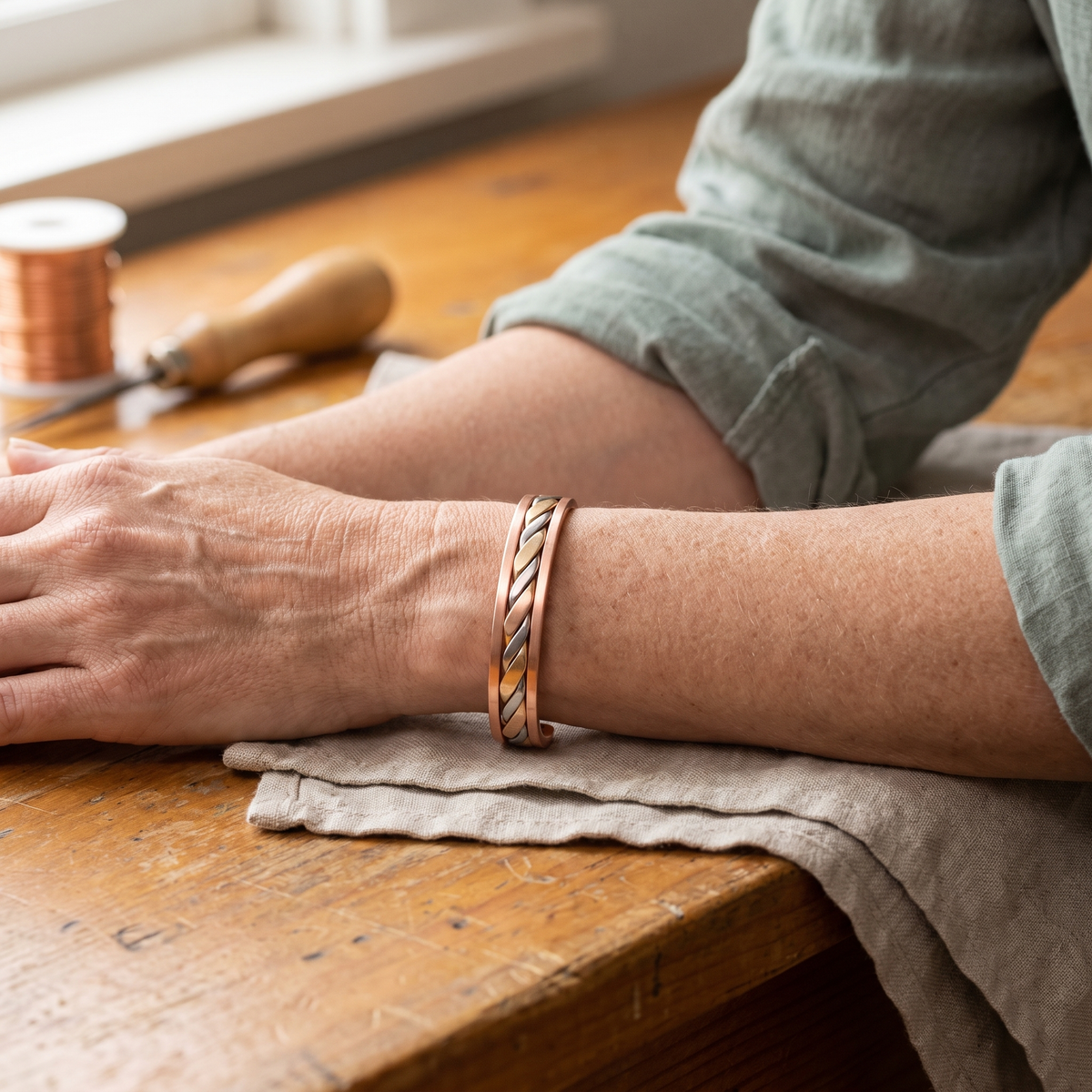 Bracciale in Rame Ritorto Rame Argento e Oro