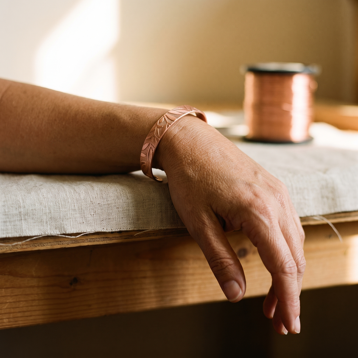 Bracciale in Rame Inciso a Motivo Botanico con Chiusura Magnetica