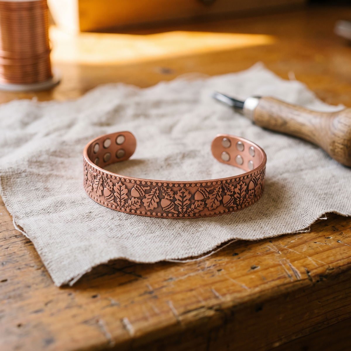 Bracciale in Rame Largo a Rilievo di Foglie