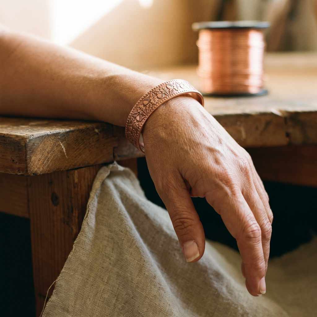 Bracciale in Rame Largo a Rilievo di Foglie